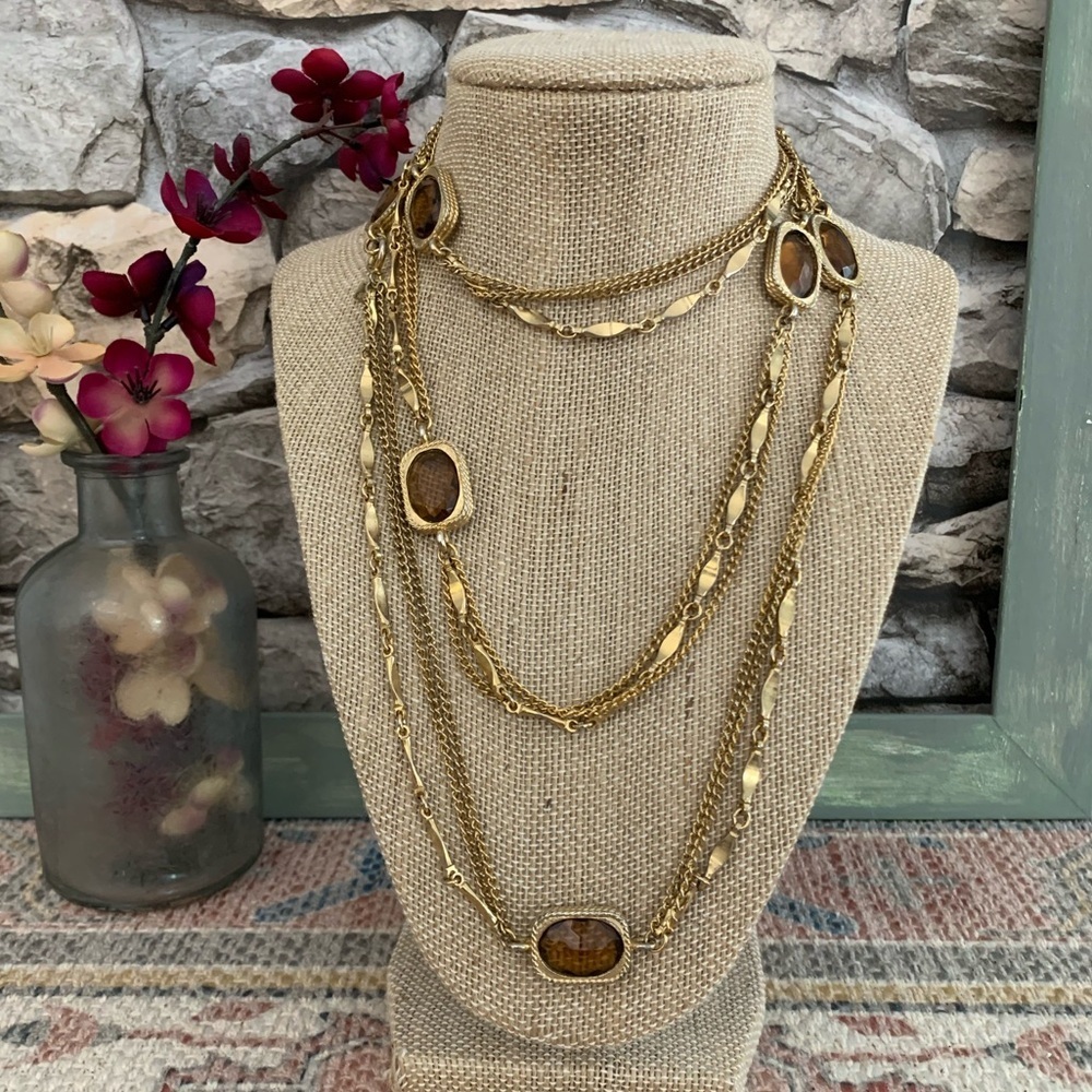 Vintage Signed Sarah Coventry Amber Rhinestones Long Flapper Gold Tone Necklace